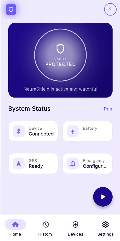 NeuraShield app · home dashboard, you're protected